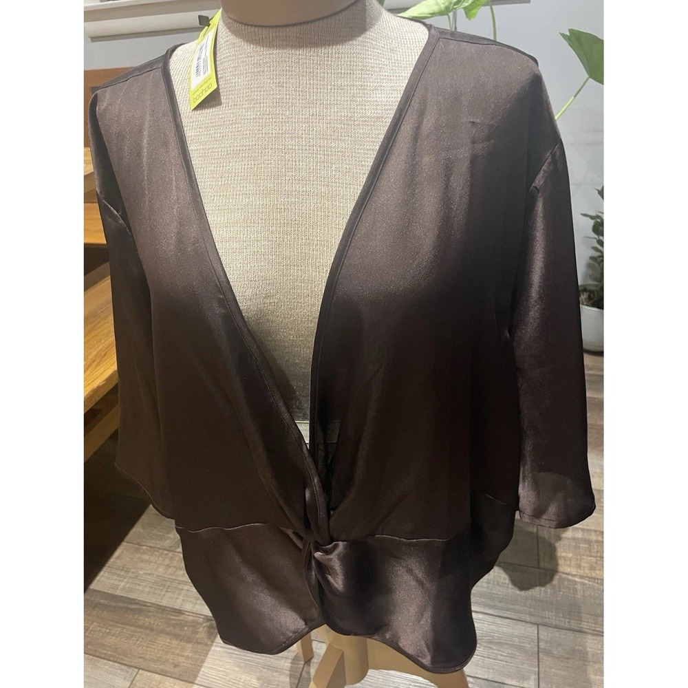 Satin Short Bell Sleeve Faux Wrap Blouse Chocolate Brown Draped Lagenlook XXL
